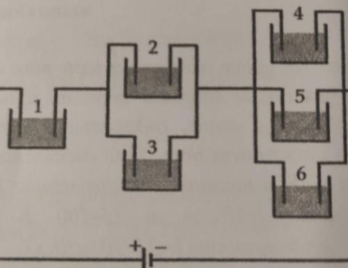 Дана схема цепи, состоящей из шести одинаковых электролитических ванн сводным раствором CuCl2. В 6-о
