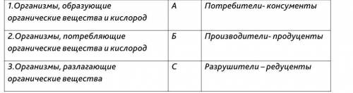 Выполни соответствие 3 б 1.Организмы, образующие органические вещества и кислородАПотребители- консу