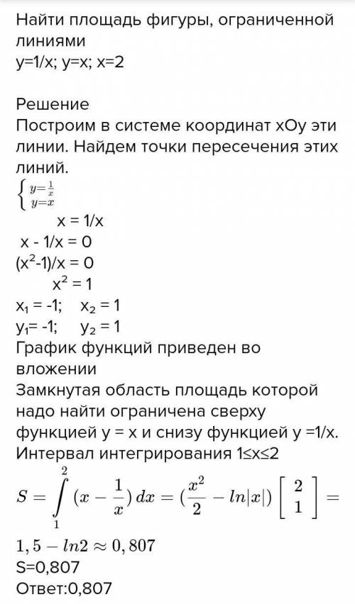 Найдите площадь фигуры=1/x x=2 y=4 x=e