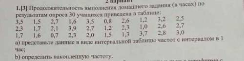 продолжительность выполнения домашнего задания в часах по результатам опроса 30 учащихся приведена в