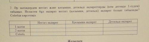 2. Әр мәтіндерден негізгі және қосымша, детальді ақпараттарды (кем дегенде 1-еуден) табыңыз. Нелікте