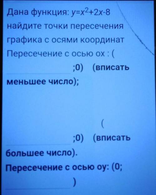 СОООЧ АЛГЕБРА Дана функция: y=x+2х-8найдите точки пересеченияграфика с осями координатПересечение с