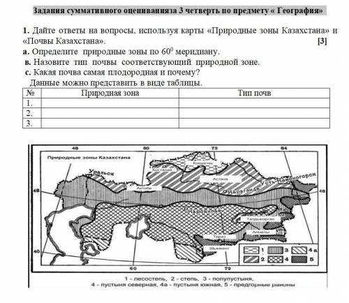 1. Дайте ответы на вопросы, используя карты «Природные зоны Казахстана» и «Почвы Казахстана». [3] а.