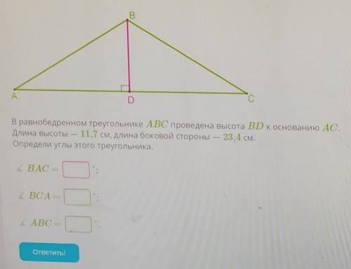 В равнобедренном треугольнике ABC проведена высота BD к основанию AC Длина высоты 11,7см длина боков