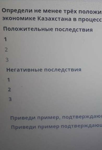 Определите не менее трёх положительных и негативных (отртцательных) последствия в экономике Казахста