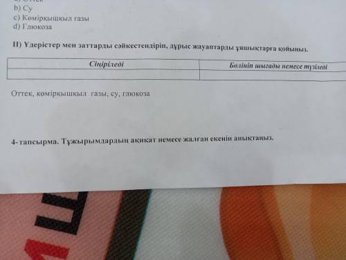 Үдерістер мен заттарды сәйкестендіріп,дұрыс жауаптарды ұяшықтарға қойыңыз Сіңіріледі Бөлініп шығады