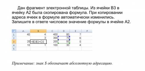 Дан фрагмент электронной таблицы. Из ячейки B3 в ячейку A2 была скопирована формула. При копировании