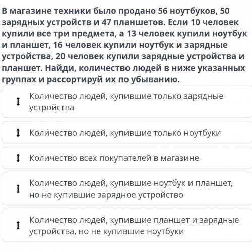 В магазине техники было продано 56 ноутбуков, 50 зарядных устройств и 47 планшетов. Если 10 человекк