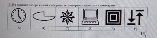 11 2. Из данных изображений выберите те, которые имеют ось симметрии:П) 1TоноосB)E)D)А)F)[3]​