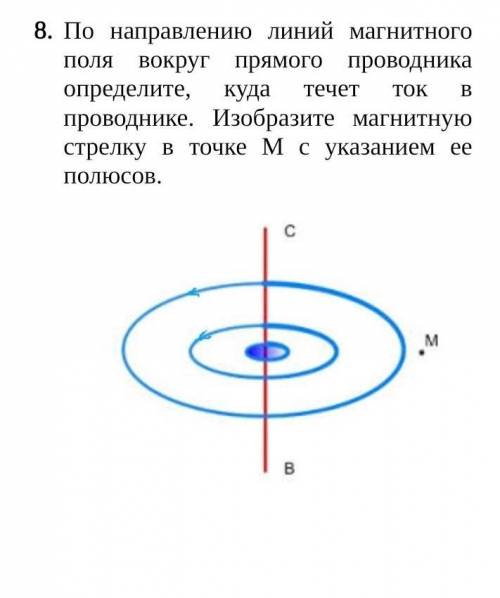 По направлению линий магнитного поля вокруг прямого проводника определите, куда течет ток в проводни