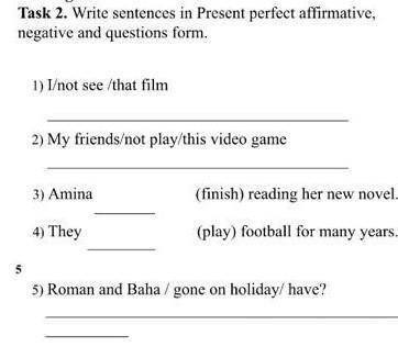 Task 2. Write sentences in Present perfect allirmative,negative and questions form.​