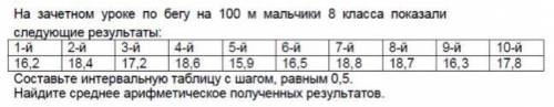 На зачетном уроке по бегу на 100 м мальчики 8 класса показали следующие результаты: 16,2 18,4 17,2 1