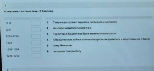 1 Установите соответствие ( ):1218121227Темучин разгромил керейтов, найманов и меркитовмонголы захва