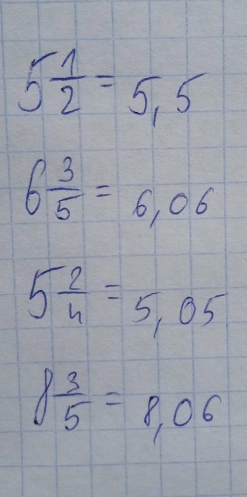 Изобрази 5/2 6/4 9/4 8/5 18/5 4. Запишите в виде неправильной дроби 5 ¹/² 6 3/5, 5 2/4 8 3/5