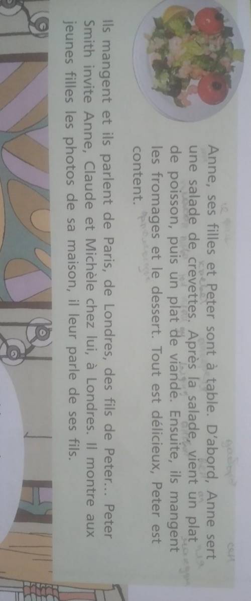 Anne, ses filles et Peter sont à table. D'abord, Anne sertune salade de crevettes. Après la salade,