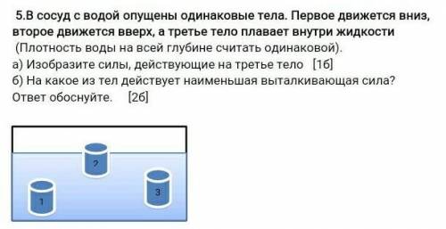 5.В сосуд с водой опущены одинаковые тела. Первое движется вниз, второе движется вверх, а третье тел