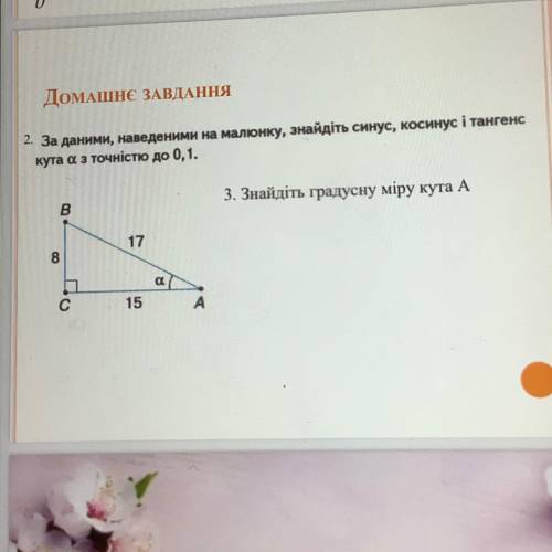 За даними наведеними на малюнку знайдіть синус косинус тангенс і кута а з точністю до