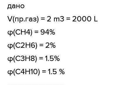 природний газ одного родовищу об'ємом 3,5 л має 98% метану 1,5% етану 0,2% пропану та 0,3% не горючи