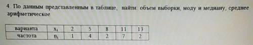 По данным представленным в таблице, найти объём выборки, моду и медиану, среднее арифметическое​