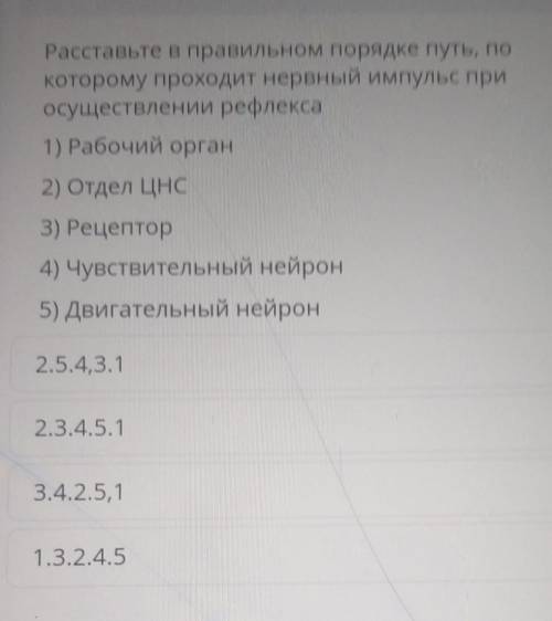 Расставьте в правильном порядке путь, по которому проходит нервный импульс приосуществлении рефлекса