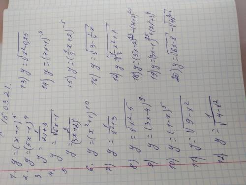 решить 1) y=(x+1)^5 2)y=(5x-1)^4 3)y=1/2x+3 4)y=корень из 6x-1 5)y=2/(3x+2)^2 6)y=(x^2+1)^10 7)y=1/x