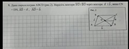 дано паралелошрам ABCD(рис 2). Виразіть вектори NO і BO через вектори a і b , якщо CN=DN, AB=a, AD=b