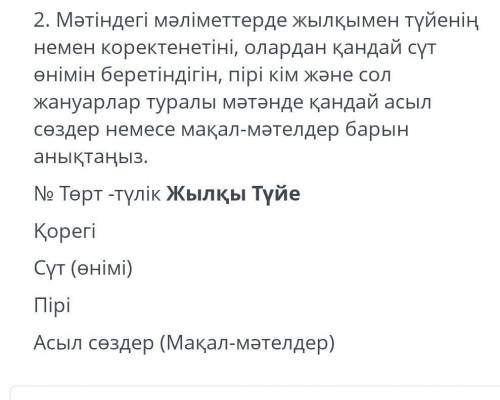 2. Мәтіндегі мәліметтерде жылқымен түйенің немен қоректенетіні , олардан қандай сүт өнімін беретінді