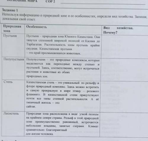 Задание1 Используя информацию о природной зоне и ее особенностях, определи вид хозяйства. Запиши, до