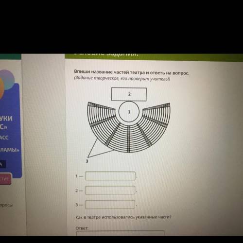 Впиши название частей театра и ответы на вопрос. (Задание творческое, его проверит учитель!) 2 3 1 -