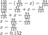 \frac{116}{125} - ( \frac{41}{125} - x) = \frac{94}{125} \\ \frac{116}{125} - \frac{41}{125} + x = \frac{94}{125} \\ \frac{75}{125} + x = \frac{94}{125} \\ x = \frac{94}{125} - \frac{75}{125} \\ x = \frac{19}{125 } \\ x = 0.152