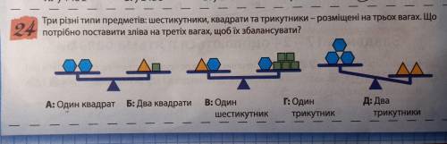 Три різні типи предметів: шестикутники, квадрати та трикутники- розміщені на трьох вагах. Що потрібн