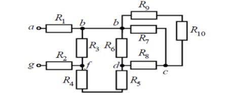 Найдите полное сопротивление цепи. R1 = R2 = R3 = R4 = R5 = R6 = R7 = R8 = R9 = R10 = 10 Ом