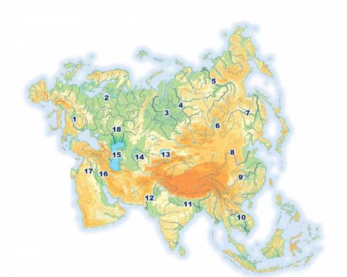 Определи, какими цифрами на карте показаны: река Хуанхэ — река Евфрат — озеро Балхаш —