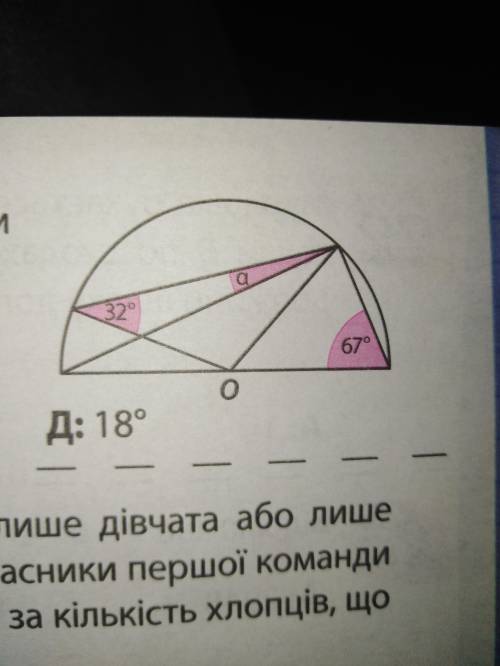 На малюнку зображено півколо з центром в точці О, а також градусні міри двох кутів. Чому дорівнює ку