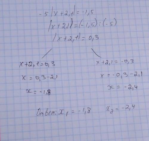 Решите уравнение: - 5·|х + 2,1| = - 1,5.