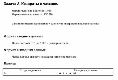 Заполните массив размером из N элементов квадратами индексов массива.