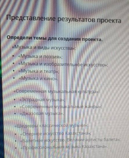 Представление результатов проекта Определи темы для создания проекта.«Музыка и виды искусства»:«Музы
