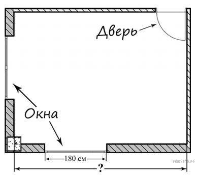 на ри­сун­ке изоб­ражён план ком­на­ты. Ши­ри­на окна равна 180 см. Най­ди­те, чему при­мер­но равна