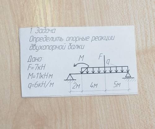 1 Задача Определить опорные реакциидвухопорной балкиДано:F=7KHМ= 11kHмq=6кН/мС решением ​