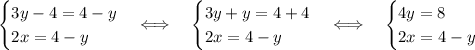 \begin{cases}3y-4=4-y\\2x=4-y\end{cases}\Longleftrightarrow\quad\begin{cases}3y+y=4+4\\2x=4-y\end{cases}\Longleftrightarrow\quad\begin{cases}4y=8\\2x=4-y\end{cases}