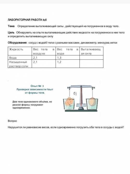 ФИЗИКА ЛАБОРАТОРНАЯ РАБОТА №6 Тема     Определение выталкивающей силы , действующей на погруженное в
