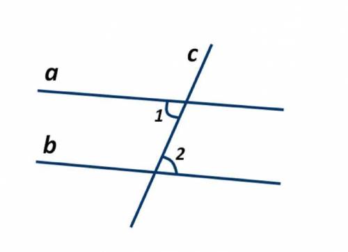 На рисунке угол 1 равен углу 2. Являются ли прямые a и b параллельными? а) являются б) не являются
