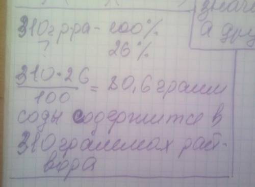 МАТЕМАТИКА Содовый раствор содержит 26% соды. Сколько граммов соды содержится в 310 г такого раствор