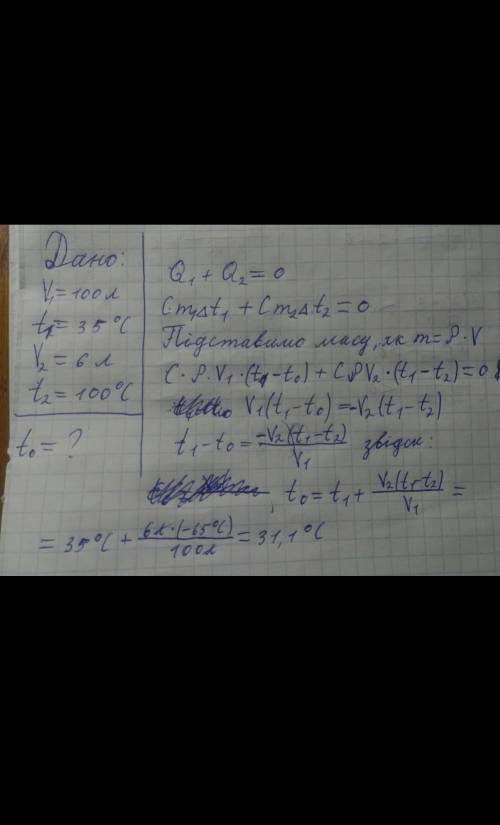 Щоб отримати у ванні 100л води з температурою 35°С, до ванни додали 6л окропу.Визначте початкову тем