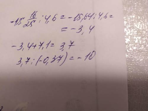 Знайдіть частку: (-15 16/25 : 4,6 + 7,1) : ( - 0,37)