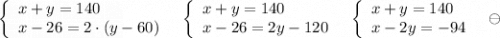 \left\{\begin{array}{l}x+y=140\\x-26=2\cdot (y-60)\end{array}\right\ \ \left\{\begin{array}{l}x+y=140\\x-26=2y-120\end{array}\right\ \ \left\{\begin{array}{l}x+y=140\\x-2y=-94\end{array}\right\ \ \ominus