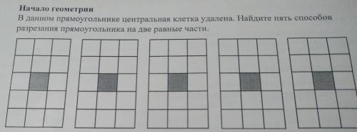 В данном прямоугольнике центральная клетка удалена. Найдите пять разрезания прямоугольника на две ра