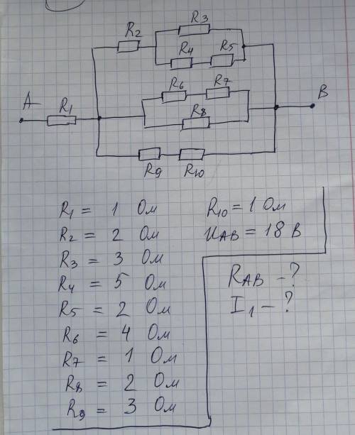 R1=1 Ом R2=2 ОмR3=3 ОмR4=5 ОмR5=2 ОмR6=4 ОмR7=1 ОмR8=2 ОмR9=3 ОмR10=1 ОмUad=18 ВНайти:Rad-? I1-? ​