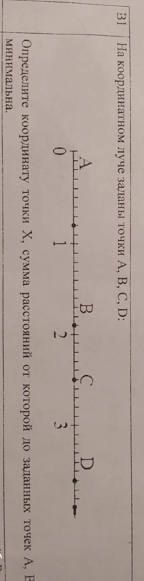 На координатном лучe зaлaны точки A, B, C, D, BPuur123Определите координату точки х, сумма расстояни