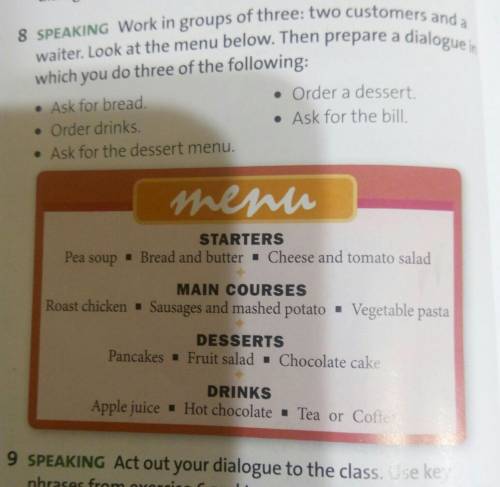 wok in groups of three: two customers and a waiter.Look at the menu below.Then prepare a dialogue in